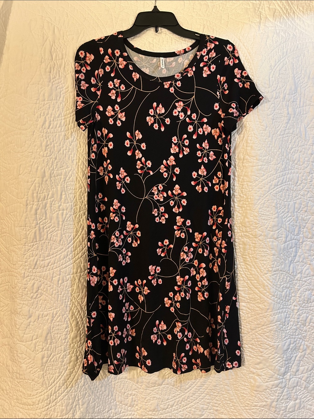 Black Midi Dress with Pink Floral Print